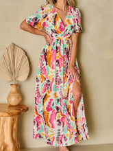 Load image into Gallery viewer, Slit Printed Surplice Short Sleeve Maxi Dress
