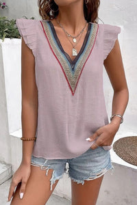 Ruffled V-Neck Cap Sleeve Blouse