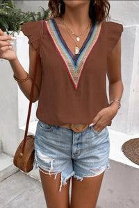 Ruffled V-Neck Cap Sleeve Blouse