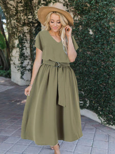 Ruched V-Neck Cap Sleeve Dress