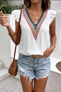 Ruffled V-Neck Cap Sleeve Blouse