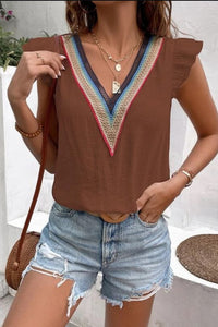 Ruffled V-Neck Cap Sleeve Blouse