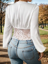 Load image into Gallery viewer, Lace Detail Plunge Balloon Sleeve Blouse
