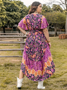 Printed V-Neck Flutter Sleeve Midi Dress