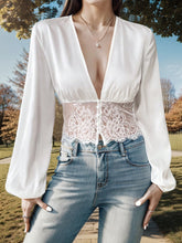 Load image into Gallery viewer, Lace Detail Plunge Balloon Sleeve Blouse
