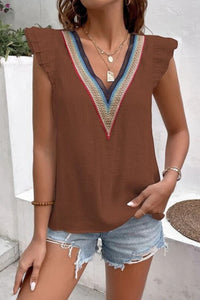 Ruffled V-Neck Cap Sleeve Blouse