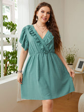 Load image into Gallery viewer, Curvy Swiss Dot Ruffled Surplice Flutter Sleeve Mini Dress
