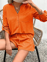 Load image into Gallery viewer, Notched Long Sleeve Top and Shorts Set
