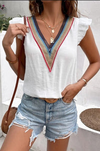 Ruffled V-Neck Cap Sleeve Blouse