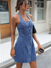 Load image into Gallery viewer, Halter Neck Button Down Denim Dress
