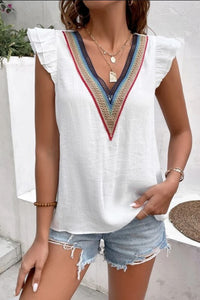 Ruffled V-Neck Cap Sleeve Blouse